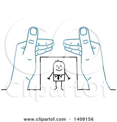 Clipart of a Pair of Blue Hands Protecting a Stick Business Man - Royalty Free Vector Illustration by NL shop