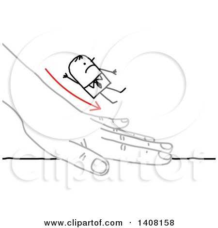 Clipart of a Stick Business Man Sliding down a Hand - Royalty Free Vector Illustration by NL shop