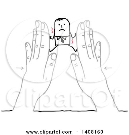 Clipart of a Stick Business Man Being Squished Between Hands - Royalty Free Vector Illustration by NL shop