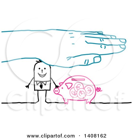 Clipart of a Blue Hand Sheltering a Stick Business Man and His Savings Piggy Bank - Royalty Free Vector Illustration by NL shop