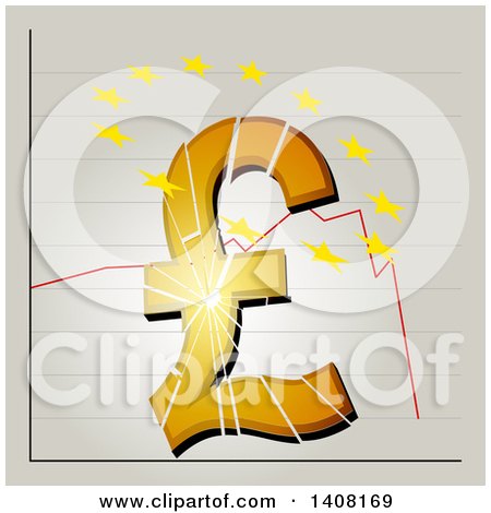 Clipart of a Broken British Pound Symbol and Yellow Stars over the Top on Stock Exchange Graphic Background - Royalty Free Vector Illustration by elaineitalia