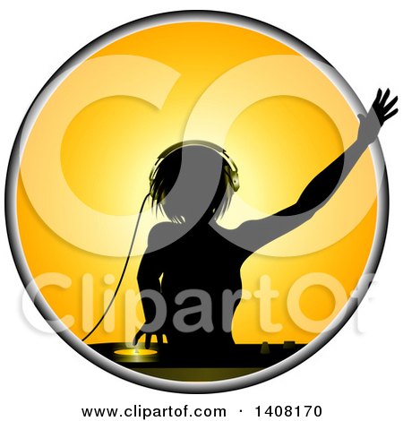 Clipart of a Silhouetted Female Dj over a Record Deck in a Yellow Circle - Royalty Free Vector Illustration by elaineitalia