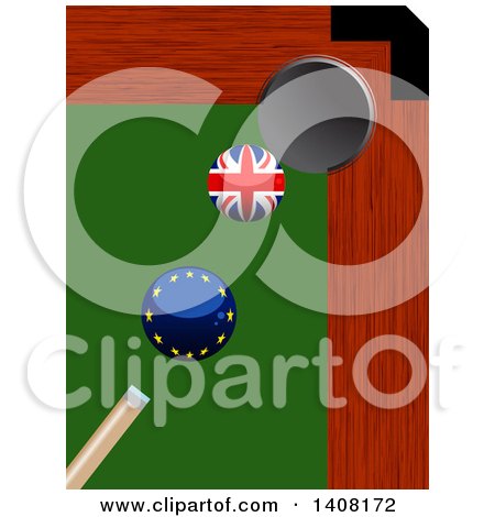 Clipart of a Billiards Pool Brexit Cue Stick About to Hit a Europe Ball to Knock a British Ball into a Hole - Royalty Free Vector Illustration by elaineitalia