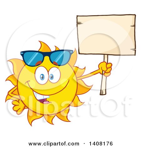 Clipart of a Yellow Summer Time Sun Character Mascot Wearing Shades and Holding a Blank Sign - Royalty Free Vector Illustration by Hit Toon
