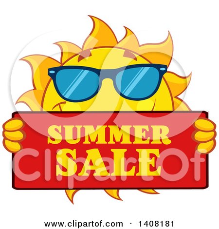 Clipart of a Yellow Sun Character Mascot Wearing Shades and Holding a Summer Sale Sign - Royalty Free Vector Illustration by Hit Toon