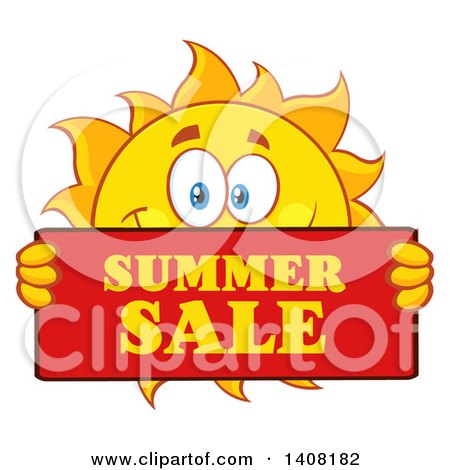 Clipart of a Yellow Sun Character Mascot Holding a Summer Sale Sign - Royalty Free Vector Illustration by Hit Toon