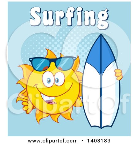 Clipart of a Yellow Summer Time Sun Character Mascot Posing with a Surf Board, with Text on Blue - Royalty Free Vector Illustration by Hit Toon