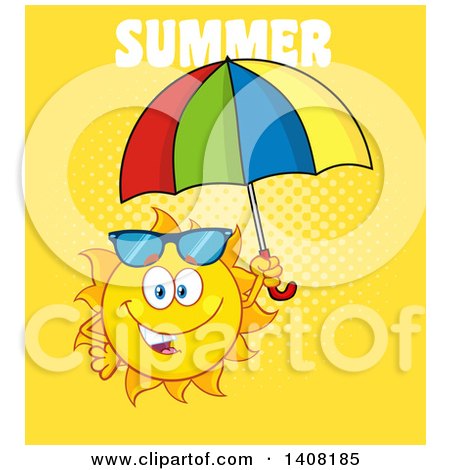 Clipart of a Yellow Summer Time Sun Character Mascot Holding an Umbrella, with Text on Yellow - Royalty Free Vector Illustration by Hit Toon