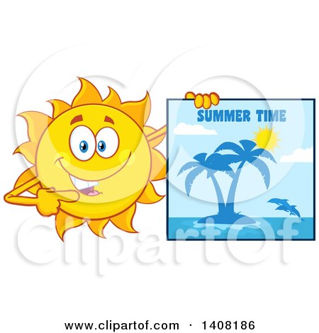 Clipart of a Yellow Summer Time Sun Character Mascot Holding a Tropical Island Picture - Royalty Free Vector Illustration by Hit Toon