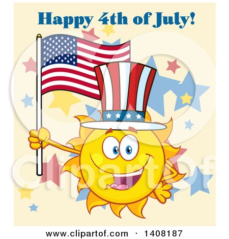 Clipart of a Yellow Summer Time Sun Character Mascot Holding an American Flag and Wearing a Top Hat, with Text on Tan - Royalty Free Vector Illustration by Hit Toon