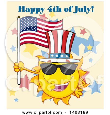 Clipart of a Yellow Summer Time Sun Character Mascot Holding an American Flag and Wearing Shades and a Top Hat, with Text on Tan - Royalty Free Vector Illustration by Hit Toon