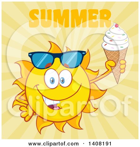 Clipart of a Yellow Summer Time Sun Character Mascot Holding an Ice Cream Cone, with Text on Yellow - Royalty Free Vector Illustration by Hit Toon