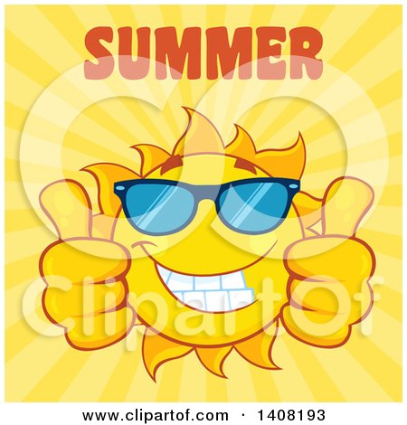 Clipart of a Yellow Summer Time Sun Character Mascot Giving Two Thumbs Up, with Text on Yellow - Royalty Free Vector Illustration by Hit Toon