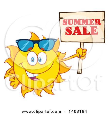 Clipart of a Yellow Sun Character Mascot with a Summer Sale Sign - Royalty Free Vector Illustration by Hit Toon