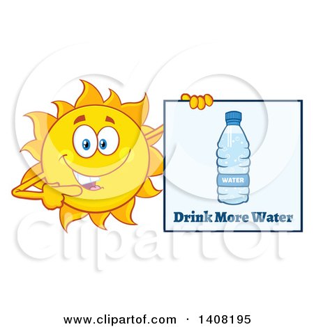 Clipart of a Yellow Summer Time Sun Character Mascot Holding a Drink More Water Sign - Royalty Free Vector Illustration by Hit Toon