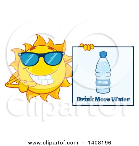 Clipart of a Yellow Summer Time Sun Character Mascot Holding a Drink More Water Sign - Royalty Free Vector Illustration by Hit Toon
