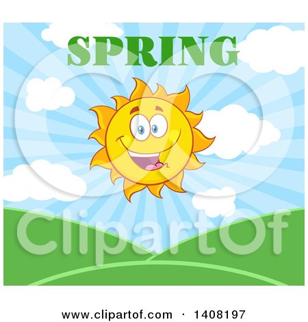 Clipart of a Yellow Sun Character Mascot with Spring Text over Hills - Royalty Free Vector Illustration by Hit Toon