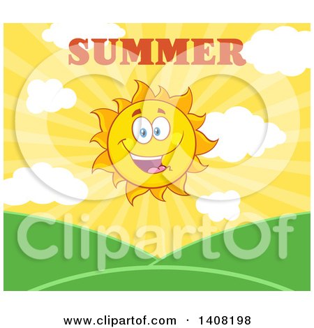 Clipart of a Yellow Summer Time Sun Character Mascot with Text over Hills - Royalty Free Vector Illustration by Hit Toon