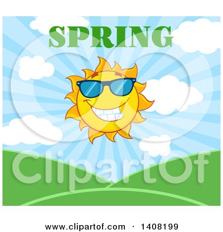 Clipart of a Yellow Sun Character Mascot with Spring Text over Hills - Royalty Free Vector Illustration by Hit Toon