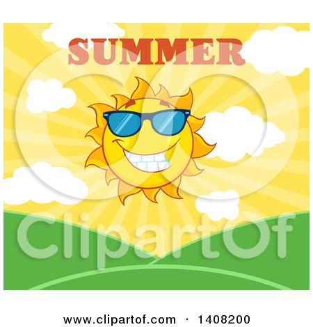 Clipart of a Yellow Summer Time Sun Character Mascot with Text over Hills - Royalty Free Vector Illustration by Hit Toon