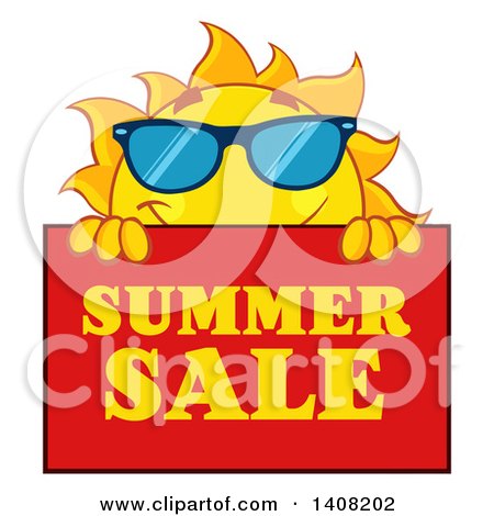 Clipart of a Yellow Sun Character Mascot with a Summer Sale Sign - Royalty Free Vector Illustration by Hit Toon