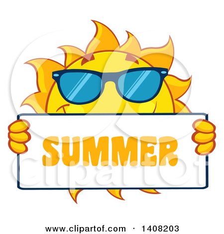 Clipart of a Yellow Sun Character Mascot Wearing Shades and Holding a Summer Sign - Royalty Free Vector Illustration by Hit Toon