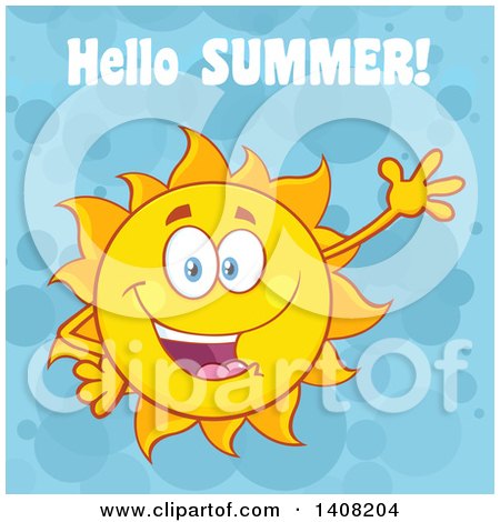 Clipart of a Yellow Sun Character Mascot Waving, with Hello Summer Text over Blue - Royalty Free Vector Illustration by Hit Toon