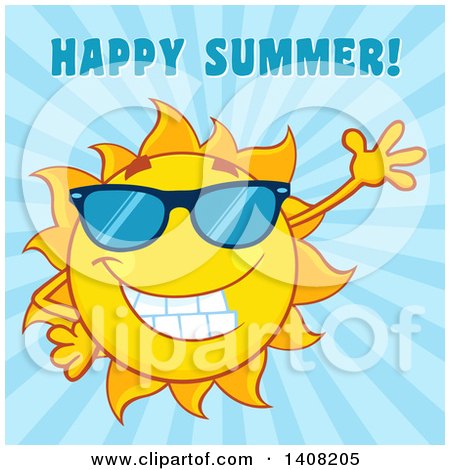 Clipart of a Yellow Sun Character Mascot Wearing Shades and Waving, with Happy Summer Text on Blue - Royalty Free Vector Illustration by Hit Toon