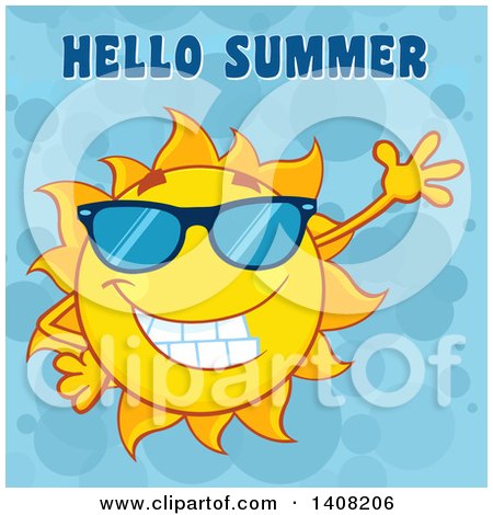 Clipart of a Yellow Sun Character Mascot Wearing Shades and Waving, with Hello Summer Text on Blue - Royalty Free Vector Illustration by Hit Toon