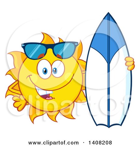 Clipart of a Yellow Summer Time Sun Character Mascot Posing with a Surf Board - Royalty Free Vector Illustration by Hit Toon