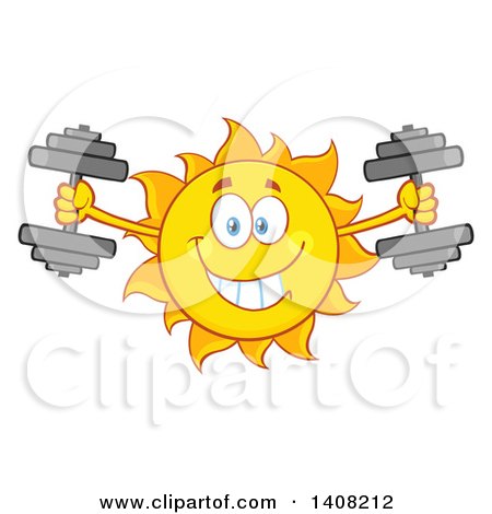 Clipart of a Yellow Summer Time Sun Character Mascot Working out with Dumbbells - Royalty Free Vector Illustration by Hit Toon