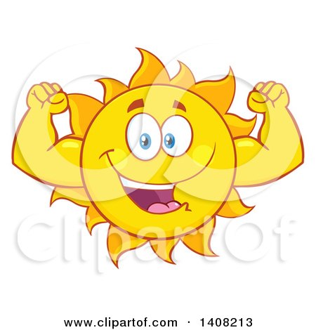 Clipart of a Yellow Summer Time Sun Character Mascot Flexing - Royalty Free Vector Illustration by Hit Toon