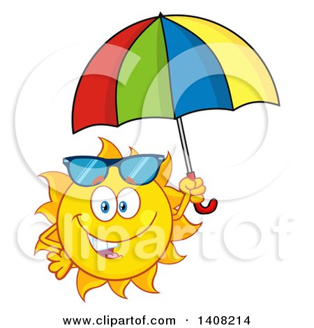 Clipart of a Yellow Summer Time Sun Character Mascot Holding an Umbrella - Royalty Free Vector Illustration by Hit Toon