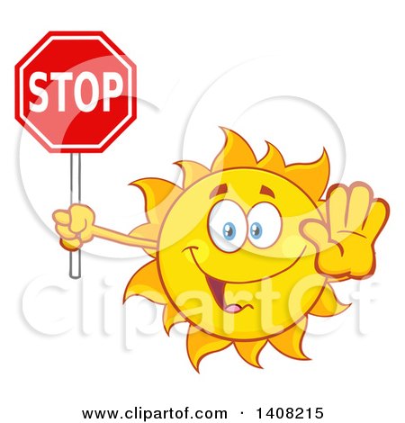 Clipart of a Yellow Summer Time Sun Character Mascot Holding a Stop Sign - Royalty Free Vector Illustration by Hit Toon
