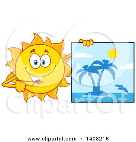 Clipart of a Yellow Summer Time Sun Character Mascot Holding a Tropical Island Picture - Royalty Free Vector Illustration by Hit Toon