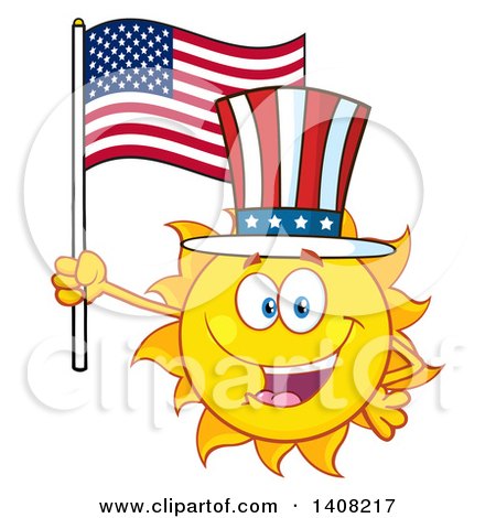 Clipart of a Yellow Summer Time Sun Character Mascot Holding an American Flag and Wearing a Top Hat - Royalty Free Vector Illustration by Hit Toon