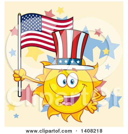Clipart of a Yellow Summer Time Sun Character Mascot Holding an American Flag and Wearing a Top Hat on Tan - Royalty Free Vector Illustration by Hit Toon