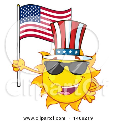 Clipart of a Yellow Summer Time Sun Character Mascot Holding an American Flag and Wearing Shades and a Top Hat - Royalty Free Vector Illustration by Hit Toon