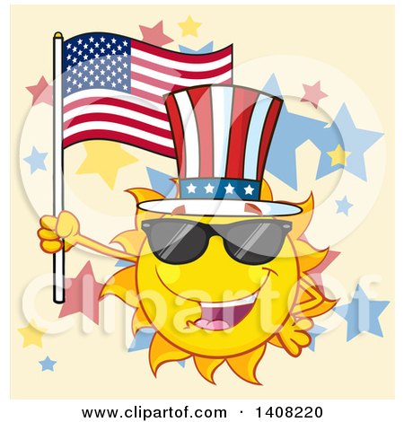 Clipart of a Yellow Summer Time Sun Character Mascot Holding an American Flag and Wearing Shades and a Top Hat on Tan - Royalty Free Vector Illustration by Hit Toon