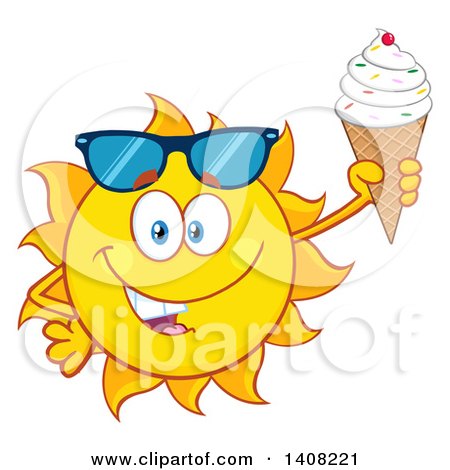 Clipart of a Yellow Summer Time Sun Character Mascot Holding an Ice Cream Cone - Royalty Free Vector Illustration by Hit Toon
