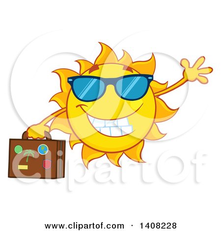 Clipart of a Yellow Summer Time Sun Character Mascot Waving and Carrying a Suitcase - Royalty Free Vector Illustration by Hit Toon
