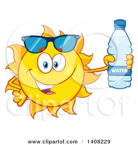 Clipart of a Yellow Summer Time Sun Character Mascot Holding a Bottled Water - Royalty Free Vector Illustration by Hit Toon