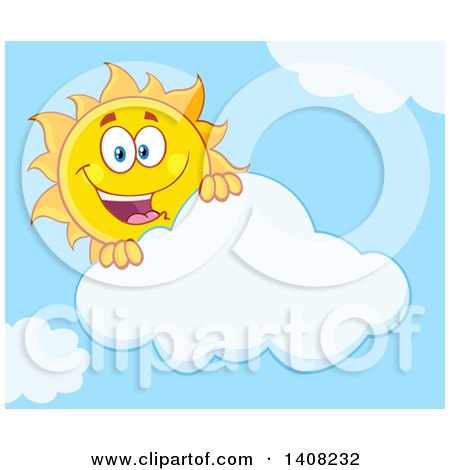 Clipart of a Yellow Summer Time Sun Character Mascot Looking over a Cloud in a Blue Sky - Royalty Free Vector Illustration by Hit Toon