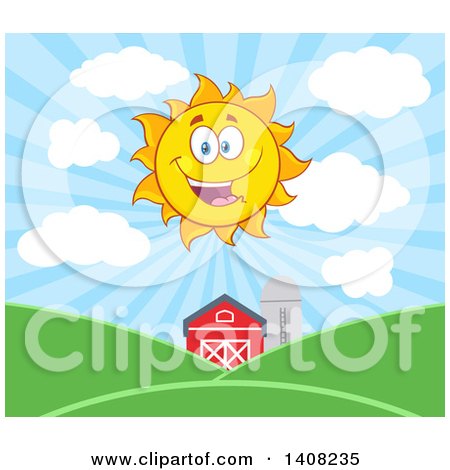 Clipart of a Yellow Summer Time Sun Character Mascot Shining over a Barn and Farm Land - Royalty Free Vector Illustration by Hit Toon