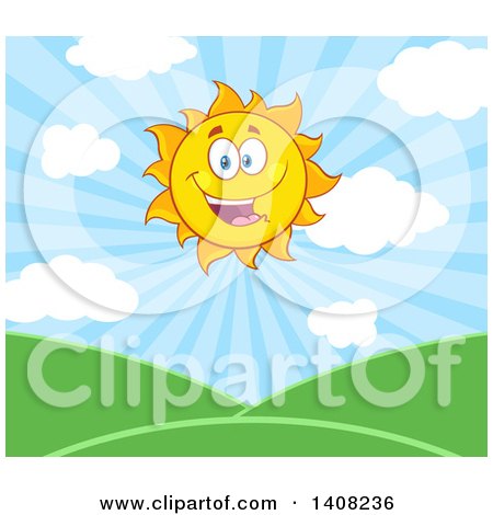 Clipart of a Yellow Summer Time Sun Character Mascot over a Hilly Landscape - Royalty Free Vector Illustration by Hit Toon