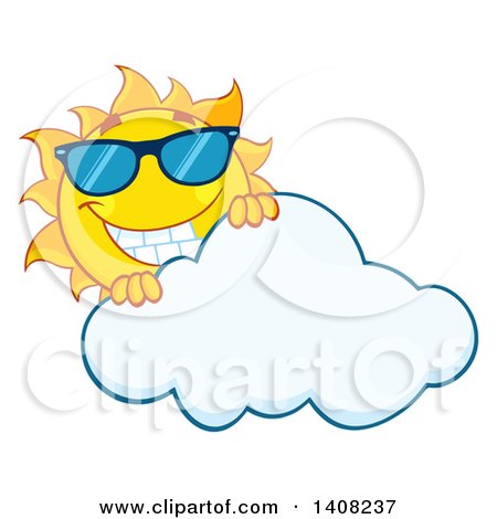 Clipart of a Yellow Summer Time Sun Character Mascot Wearing Shades and Smiling over a Cloud - Royalty Free Vector Illustration by Hit Toon
