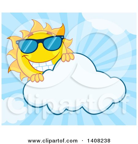 Clipart of a Yellow Summer Time Sun Character Mascot Wearing Shades and Looking over a Cloud, over Blue Rays - Royalty Free Vector Illustration by Hit Toon