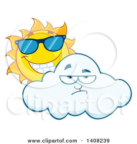 Clipart of a Yellow Summer Time Sun Character Mascot Wearing Shades and Looking over a Cloud - Royalty Free Vector Illustration by Hit Toon