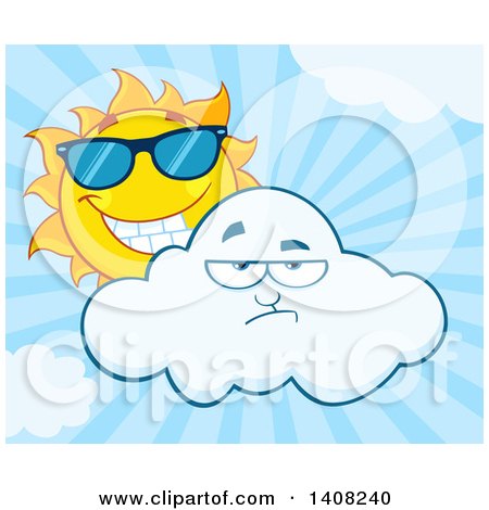 Clipart of a Yellow Summer Time Sun Character Mascot Wearing Shades and Looking over a Cloud, over Blue Rays - Royalty Free Vector Illustration by Hit Toon