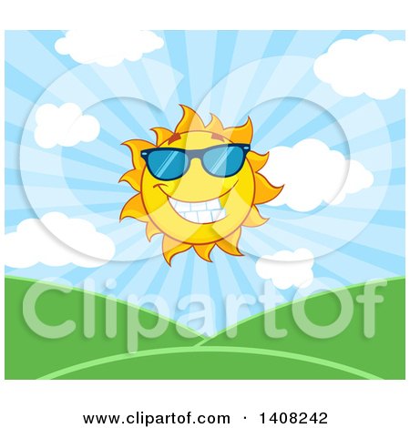 Clipart of a Yellow Summer Time Sun Character Mascot over a Hilly Landscape - Royalty Free Vector Illustration by Hit Toon